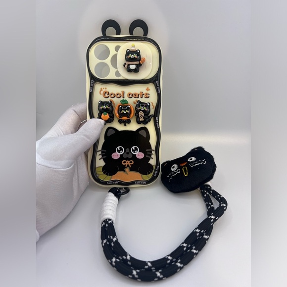 iPhone 16 Pro Max Case – Cute Black Cat Design with Plush Charm & Wrist Strap - Picture 5 of 9